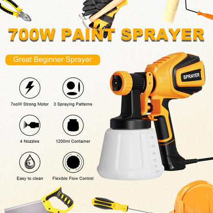 700W HVLP Paint Sprayer with Cleaning & Blowing Joints, 4 Nozzles and 3 Patterns