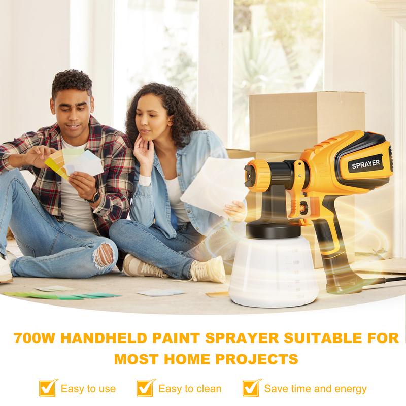700W HVLP Paint Sprayer with Cleaning & Blowing Joints, 4 Nozzles and 3 Patterns