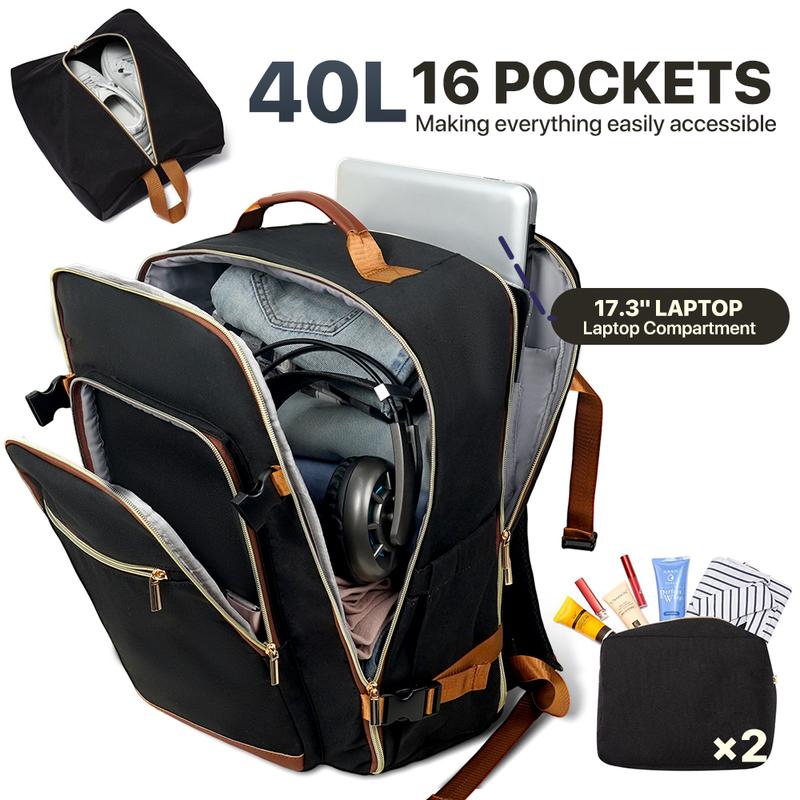 Travel Backpack with 16 Pockets - 180° Laptop Compartment