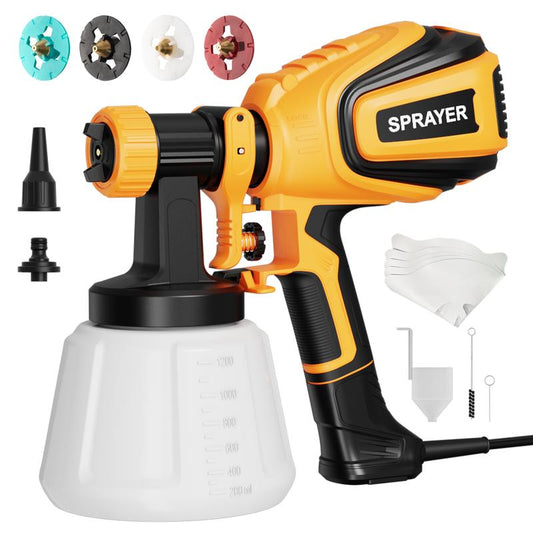 700W HVLP Paint Sprayer with Cleaning & Blowing Joints, 4 Nozzles and 3 Patterns